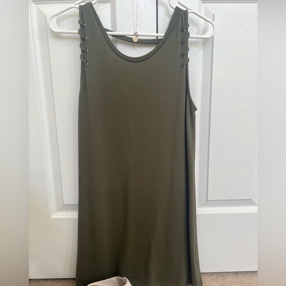 army green dress with shoulder details and open back